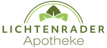 Logo of Lichtenrader Apotheke, green text, leaf design, arched lines.