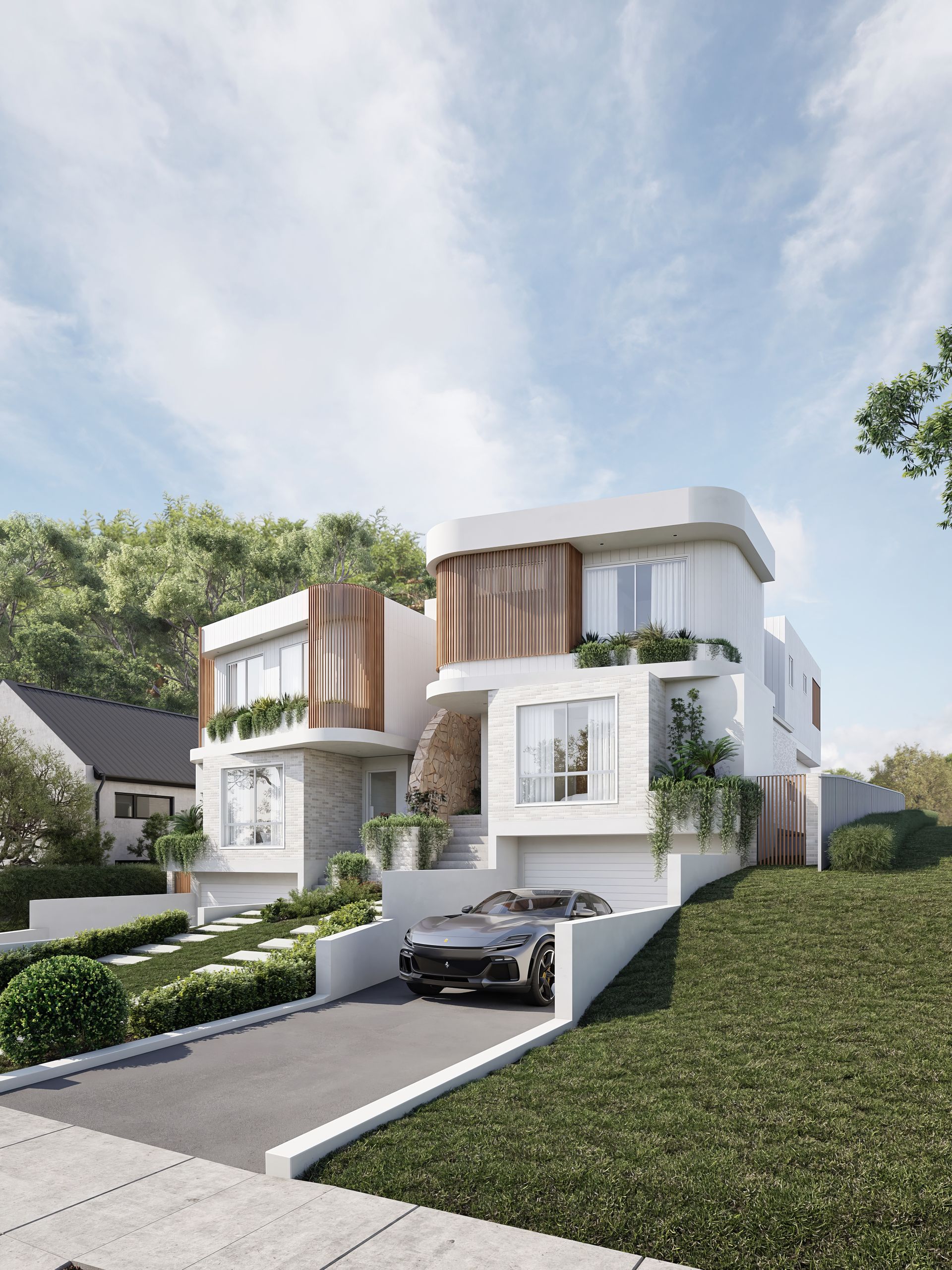 Beautiful duplex with white brick and wooden accents — Gracia Building Design In Kiama, NSW