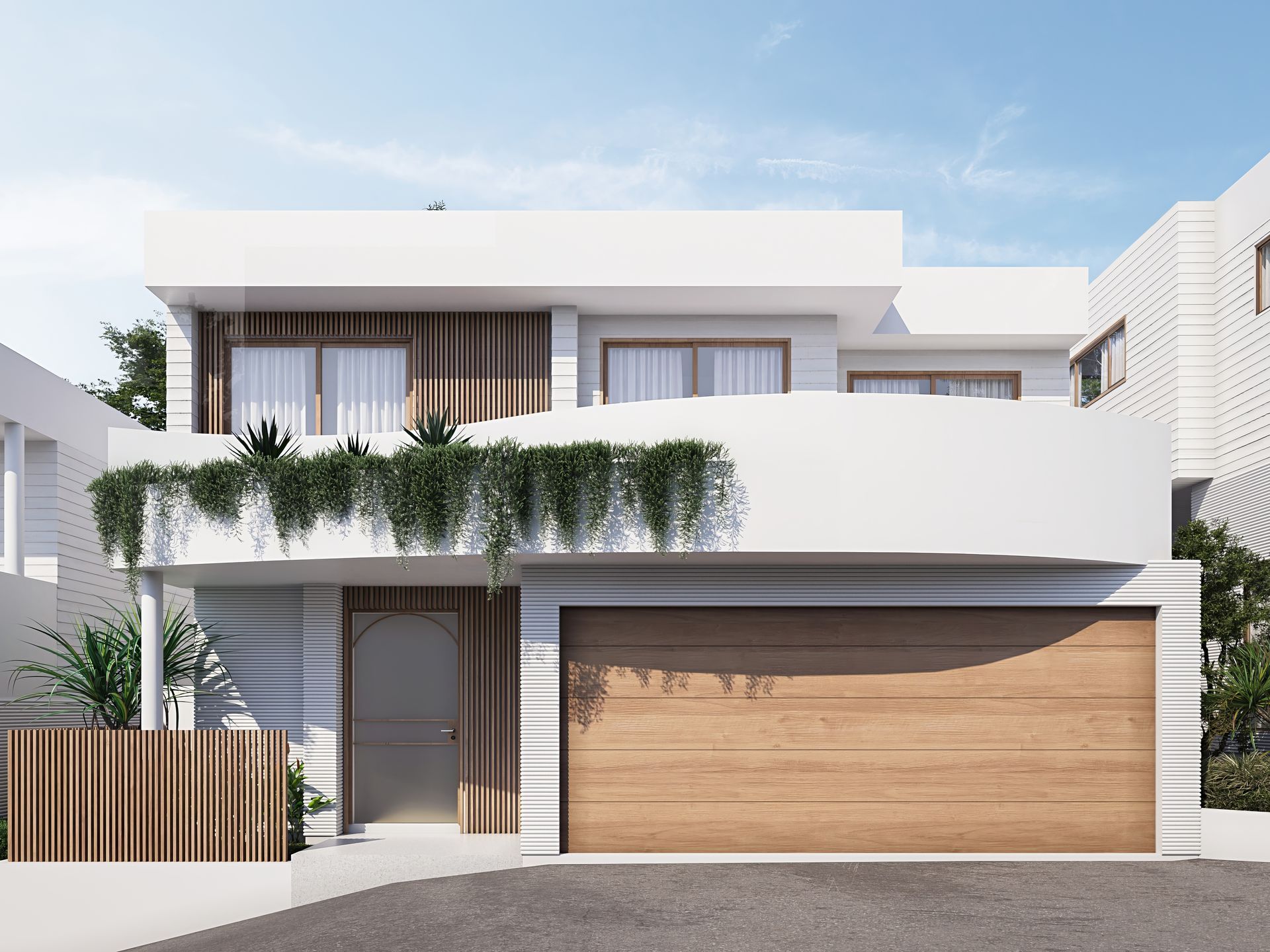 Modern two-story white house with wooden garage door and balcony with hanging plants — Gracia Building Design In Kiama, NSW