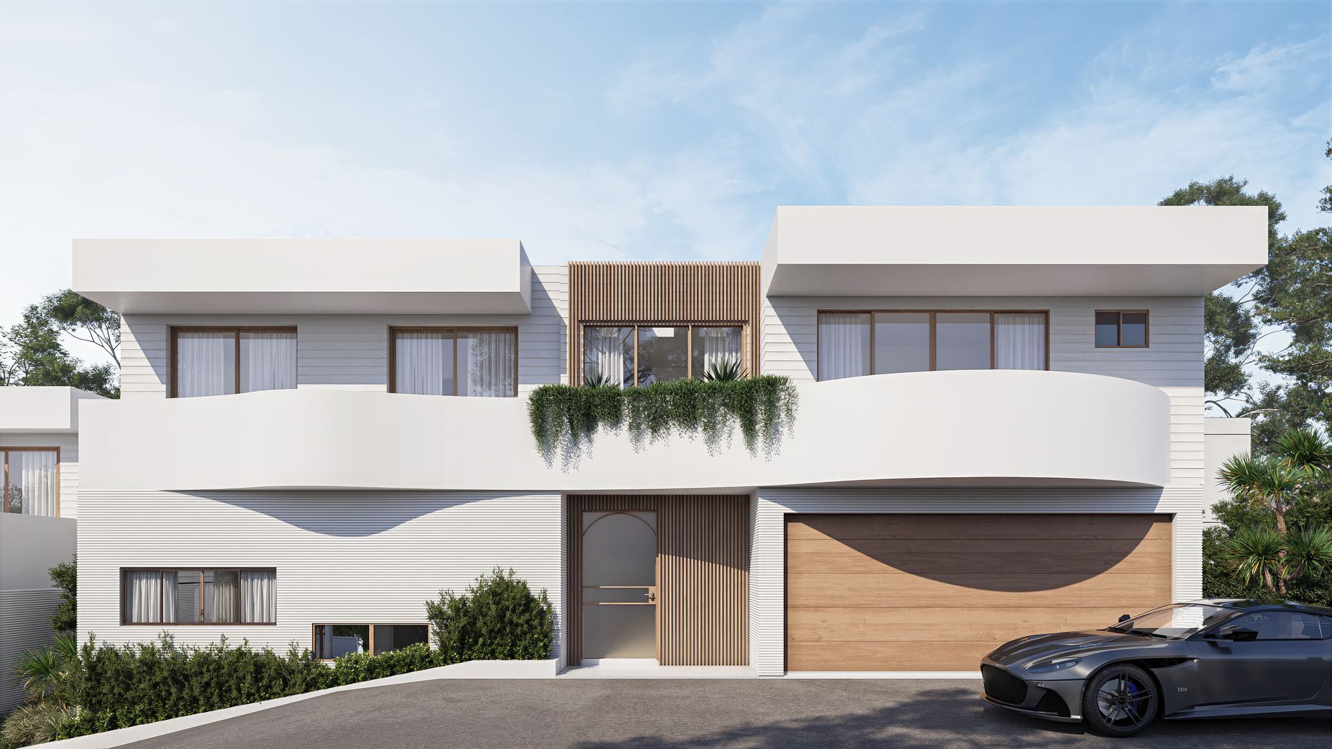 Modern white house with wooden accents, balcony, and car in the driveway — Gracia Building Design In Kiama, NSW