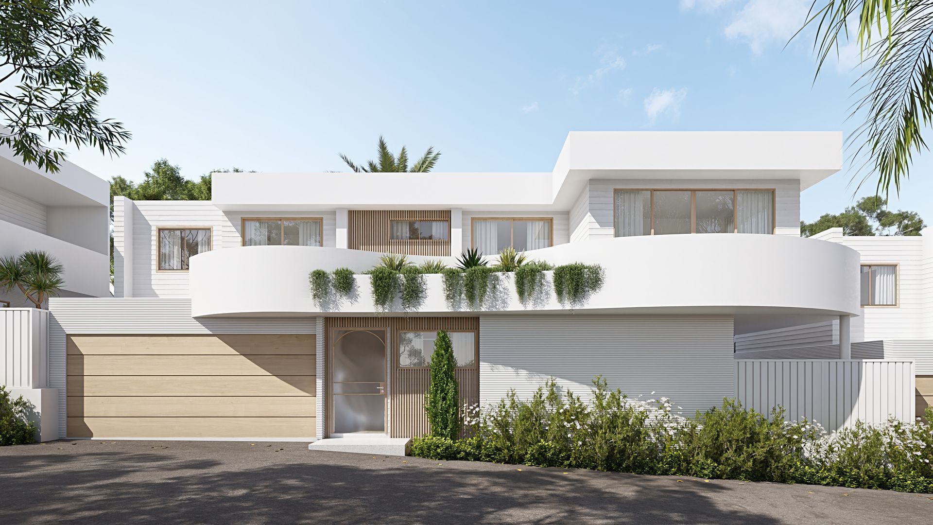 Modern white house with curved balconies, lush greenery, and a light wood garage door — Gracia Building Design In Kiama, NSW