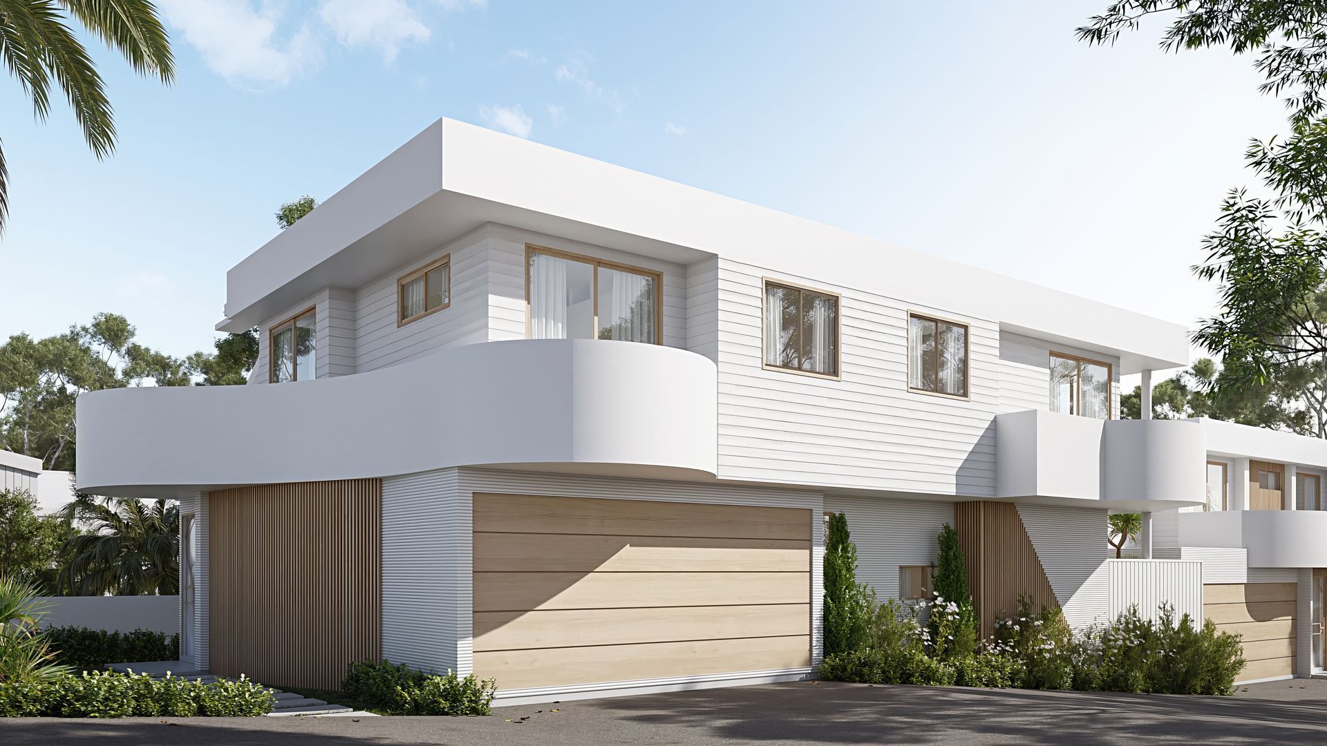 Modern duplex with gray and tan exterior, stone pathway, and trees — Gracia Building Design In Kiama, NSW