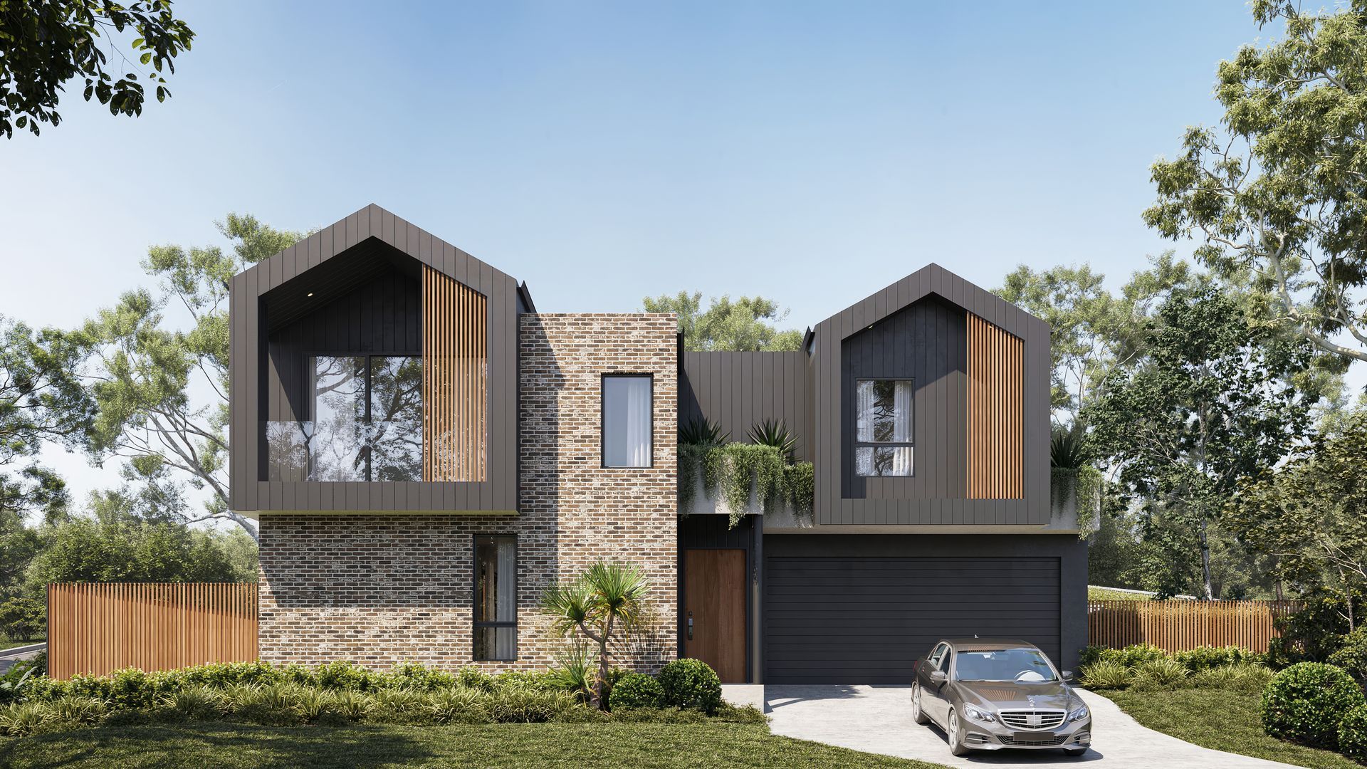 Modern Two Story House With Dark Grey Exterior, Stone Facade, and a Car Parked in the Driveway — Gracia Building Design In Kiama, NSW