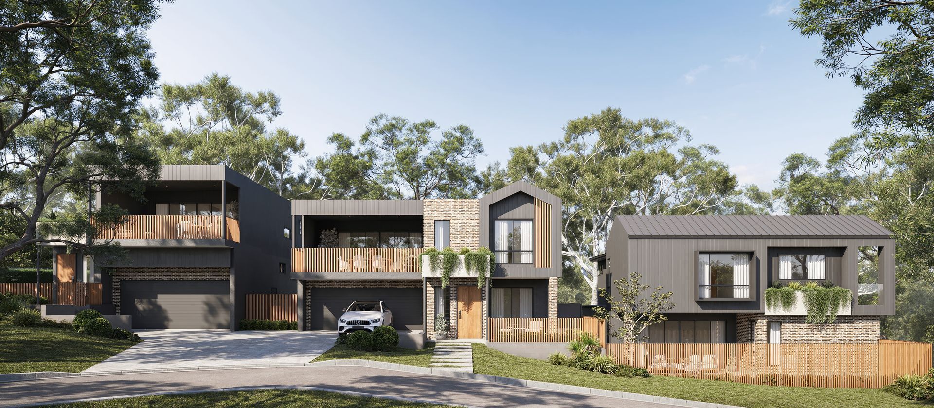 Modern Townhouses With Dark Gray Exteriors, Wooden Accents, and Lush Greenery — Gracia Building Design In Kiama, NSW