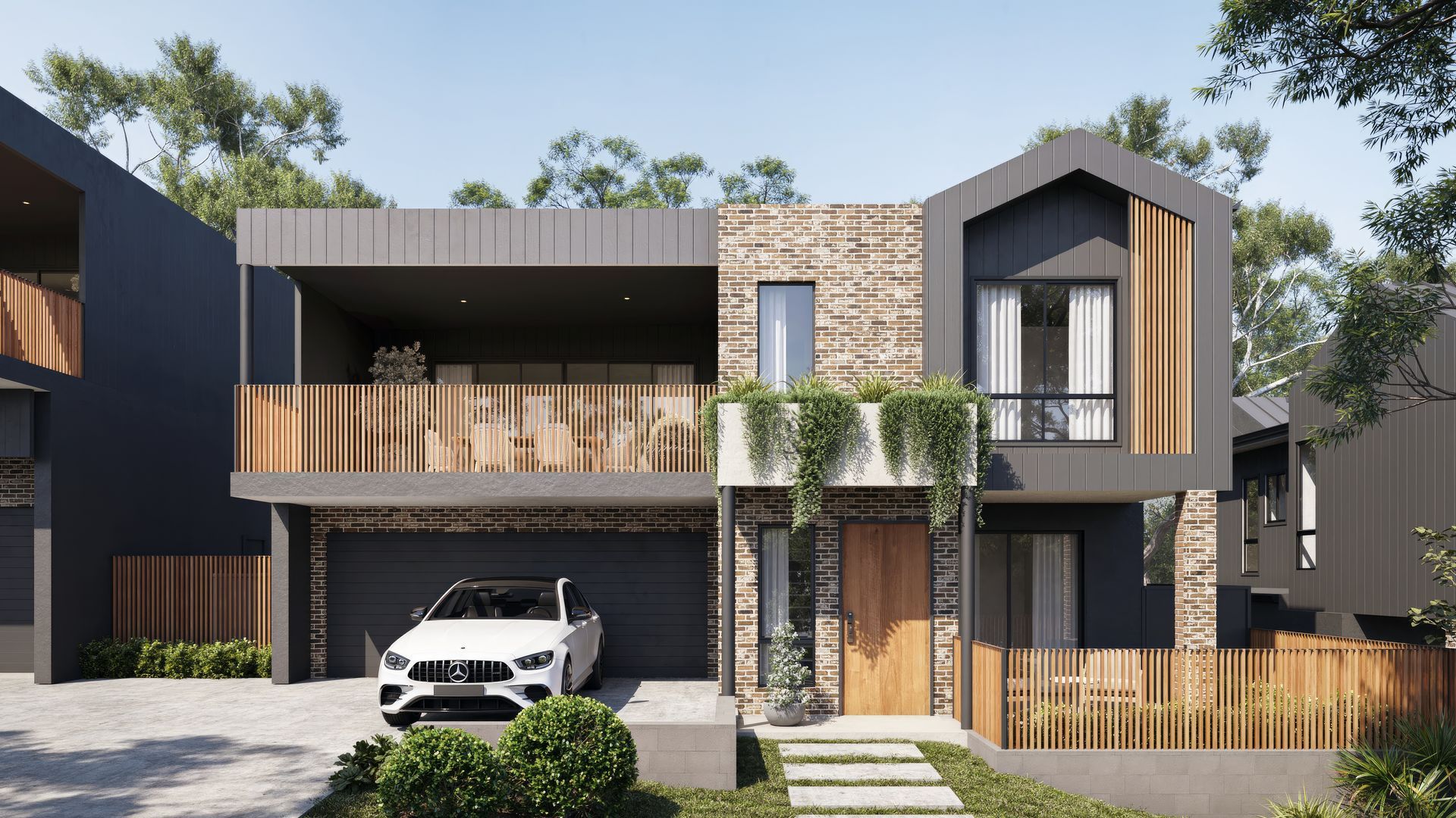 Modern Home Exterior With Stone, Wood, and Dark Grey Facade. a White SUV is Parked in the Driveway — Gracia Building Design In Kiama, NSW