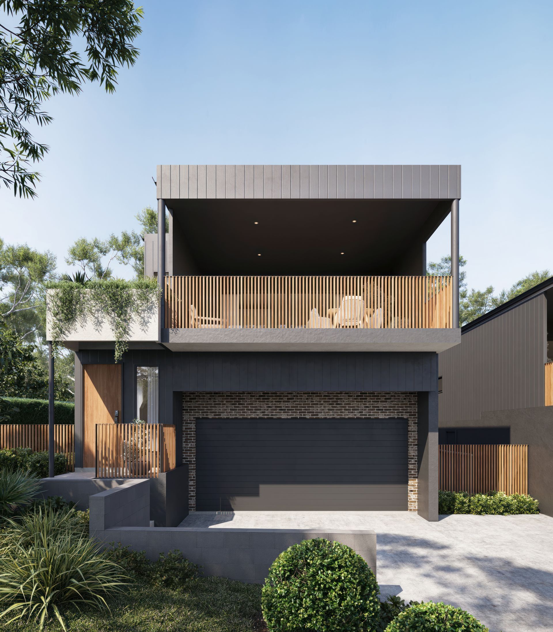 Modern Two Story House With a Balcony, Gray Exterior, Wooden Accents, and Garage — Gracia Building Design In Kiama, NSW