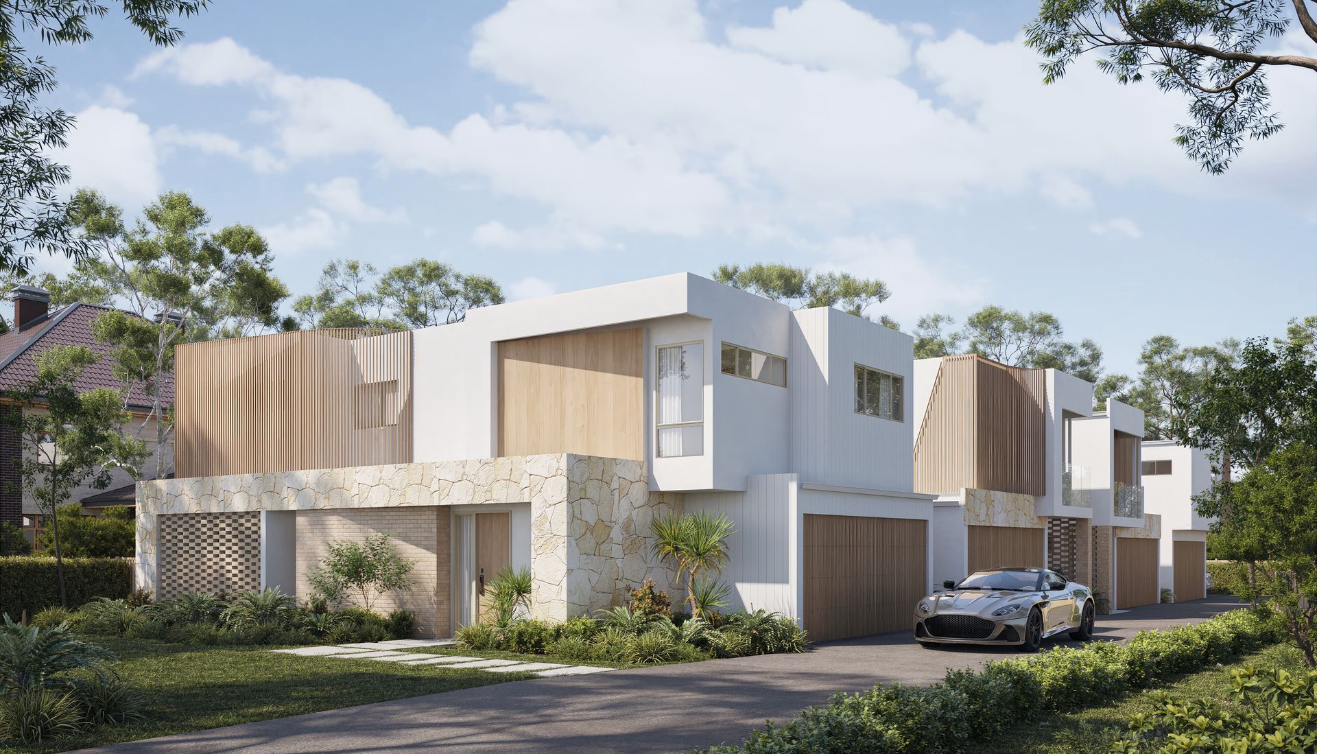 Modern White Townhouses With Wood Accents, a Car Parked Out Front, Lush Landscaping — Gracia Building Design In Kiama, NSW