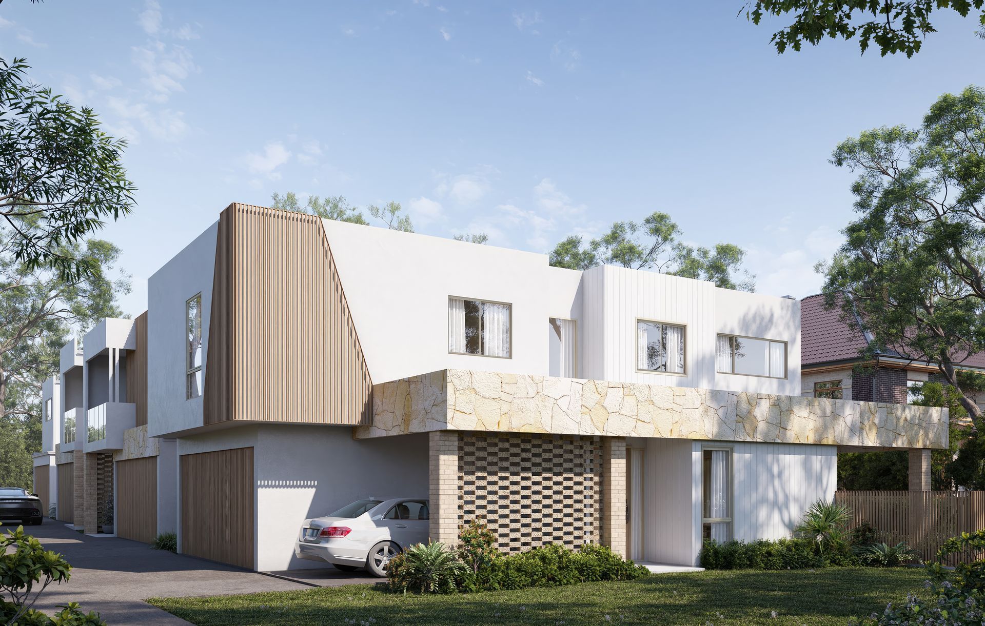 Modern Townhouses With White and Wood Accents, Driveway, Car Parked — Gracia Building Design In Kiama, NSW