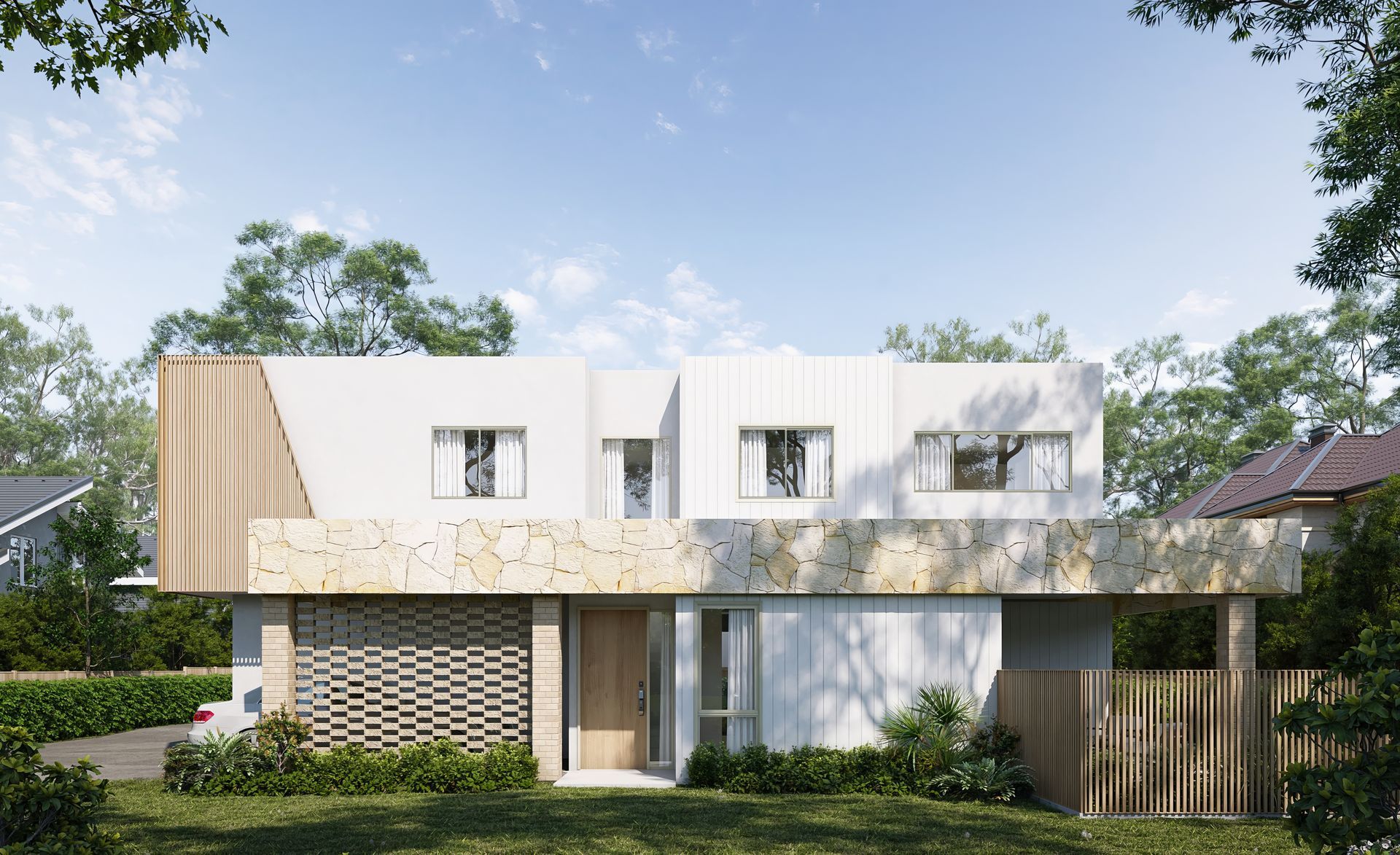 Modern Two-story House With Wood Accents and a Clean Design, Set in a Green, Tree-lined Area — Gracia Building Design In Kiama, NSW