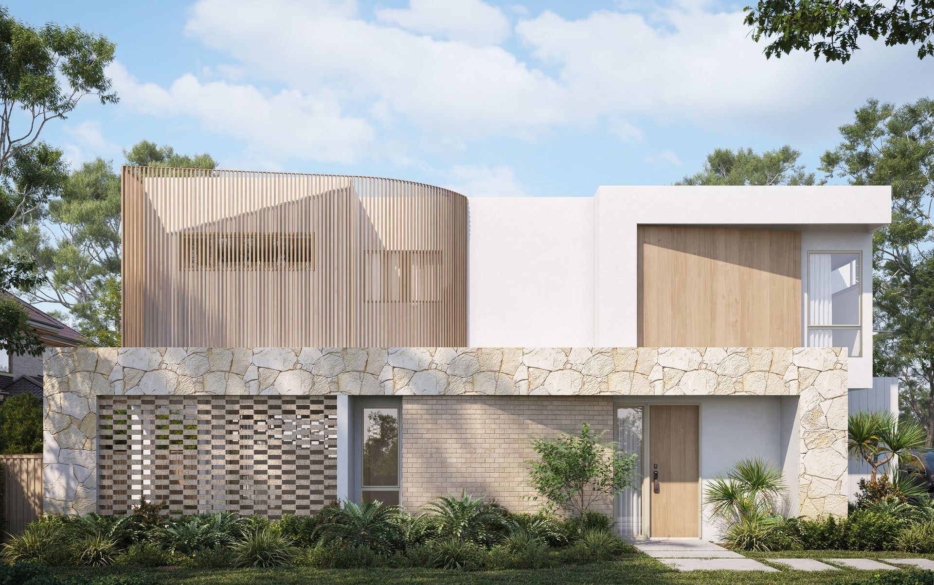 Modern House Exterior With Stone, Wood, and White Facade. Landscaping in Front — Gracia Building Design In Kiama, NSW