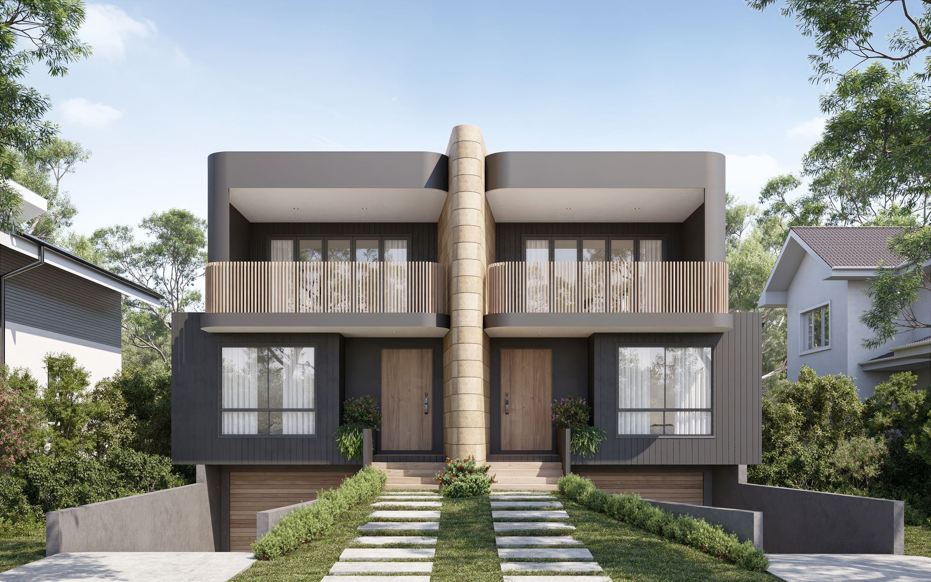 Two modern gray townhouses with wooden accents, balconies, and driveways, set amidst trees — Gracia Building Design In Kiama, NSW