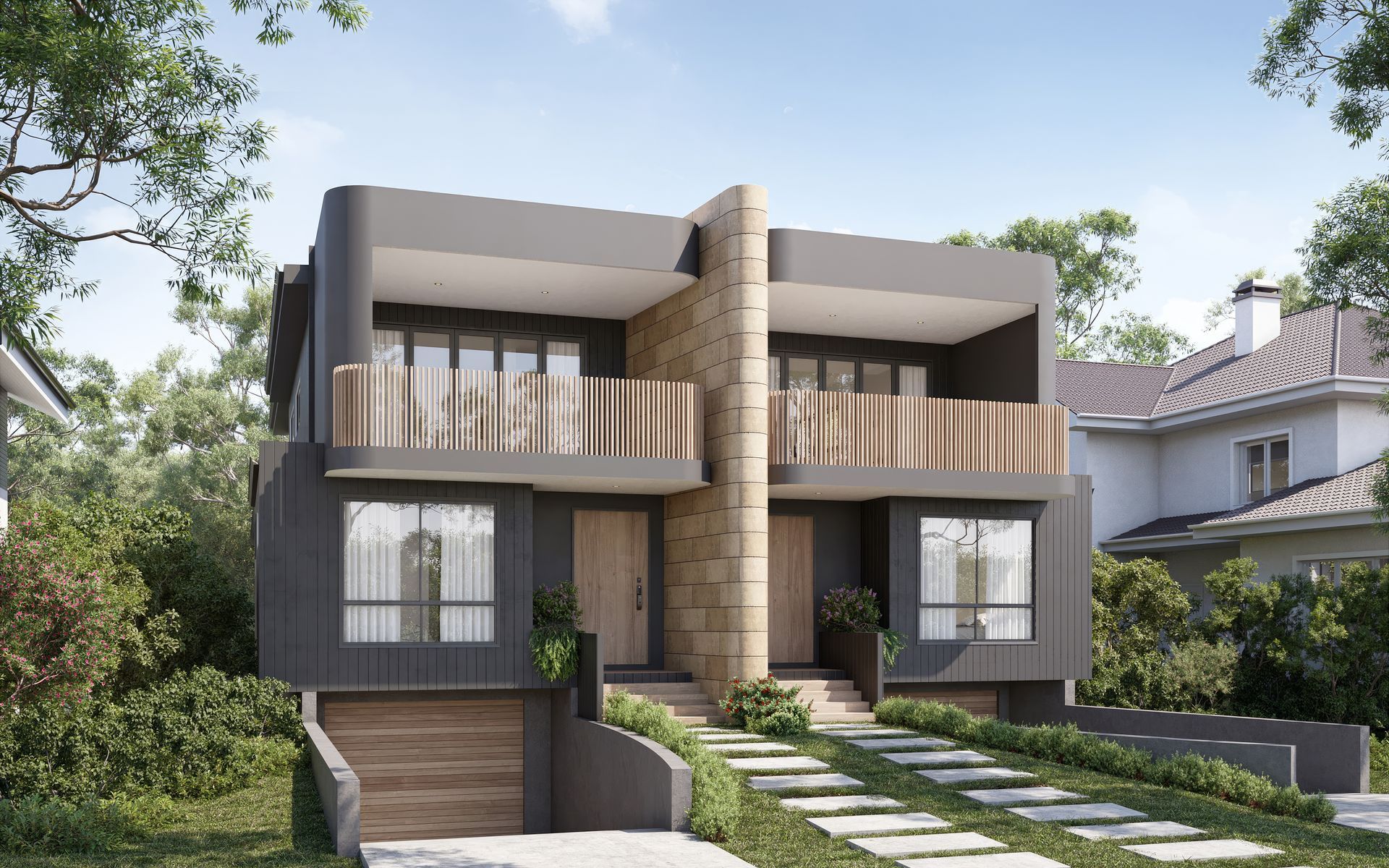 Modern duplex with gray and tan exterior, stone pathway, and trees — Gracia Building Design In Kiama, NSW