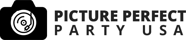 Logo: Black camera icon with a record, and text "PICTURE PERFECT PARTY USA" in black.