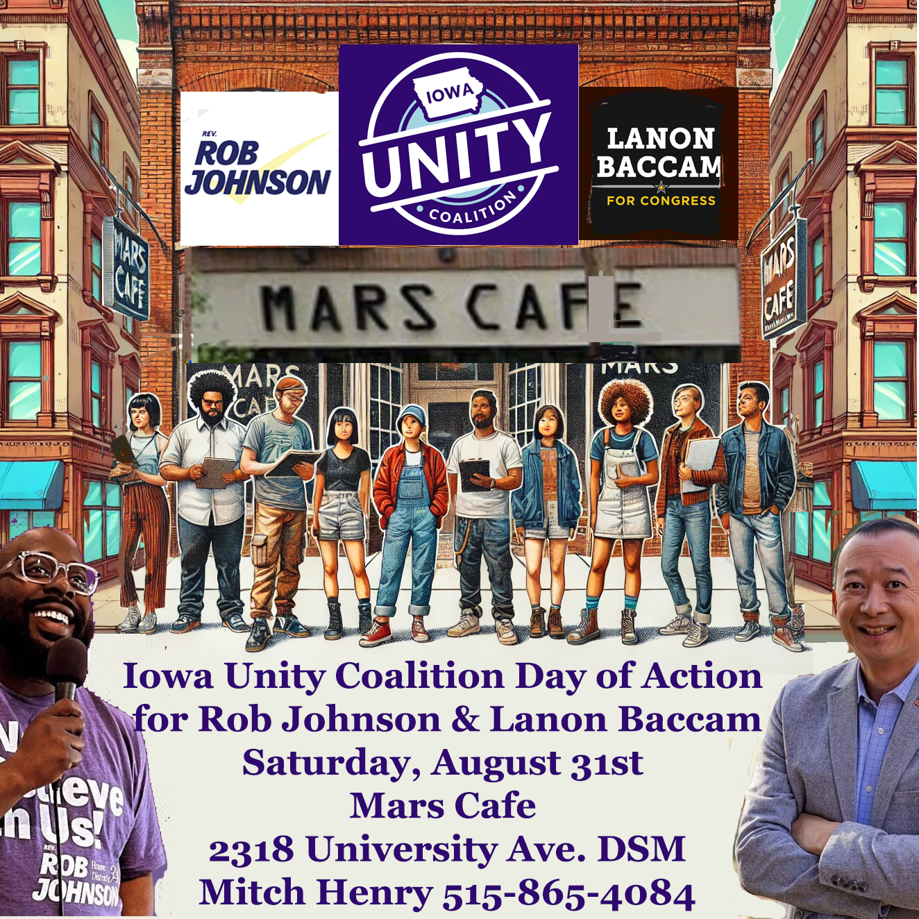 Thumbnail of promotional image of canvassers and candidates in from of Mars Cafe