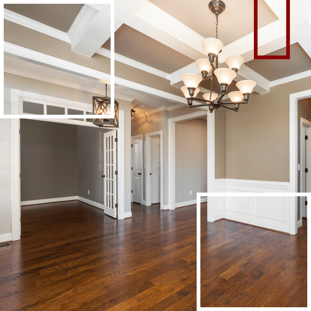 An empty room with hardwood floors and a chandelier hanging from the ceiling.