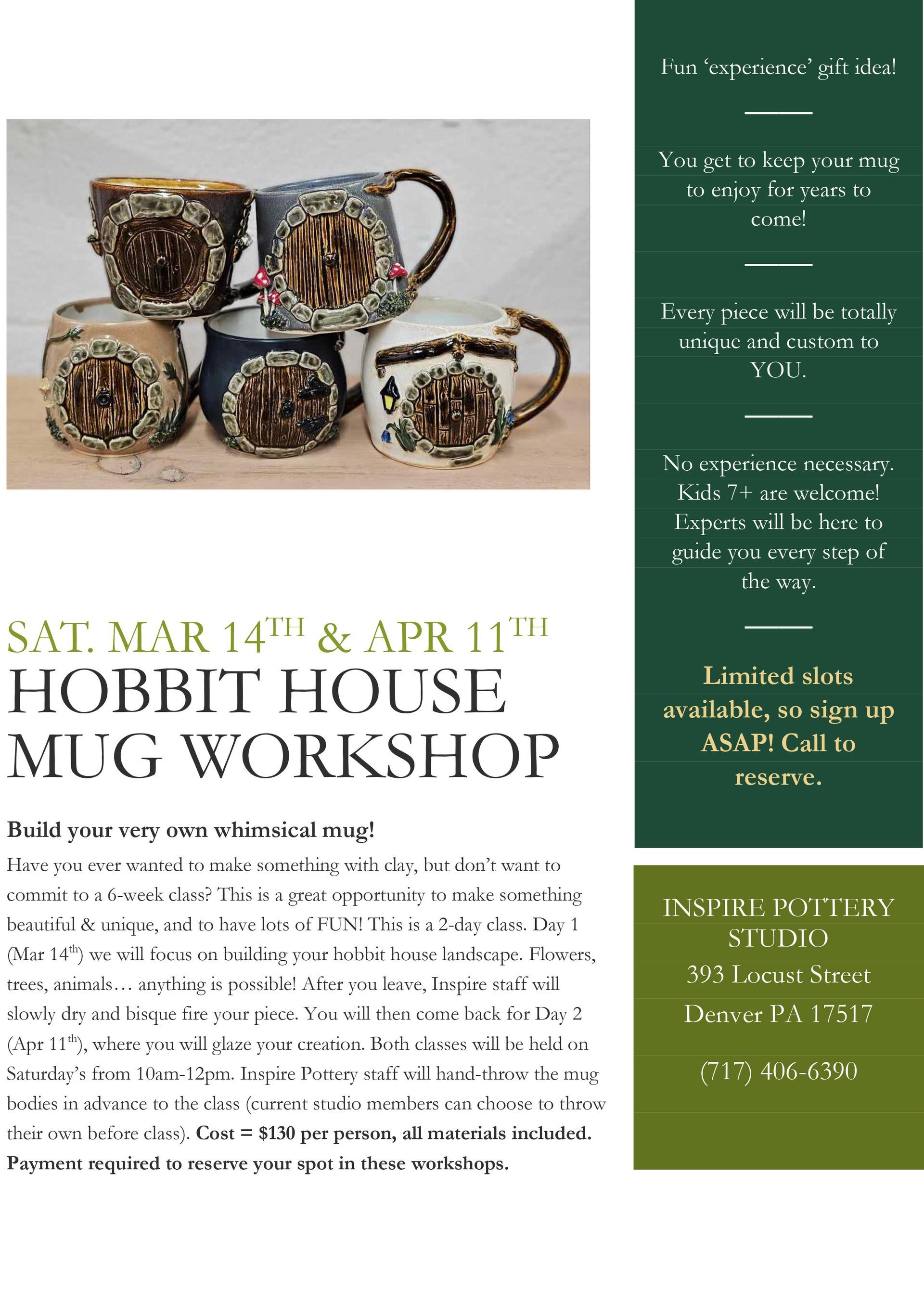 Hobbit House mug workshop advertisement with mugs and text.