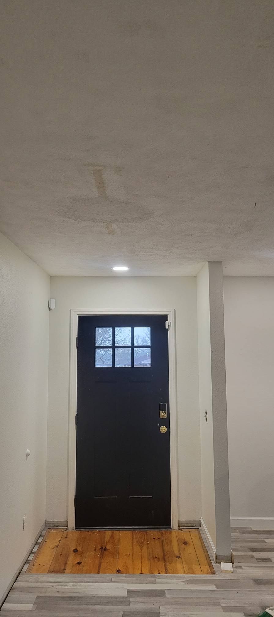 Interior view of a doorway with black door and glass panes, set in a white-walled hallway with wood flooring.