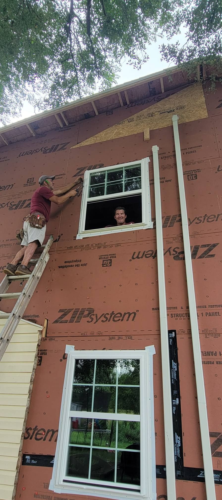 People working on house siding, one on a ladder, two at windows. Brown house exterior.
