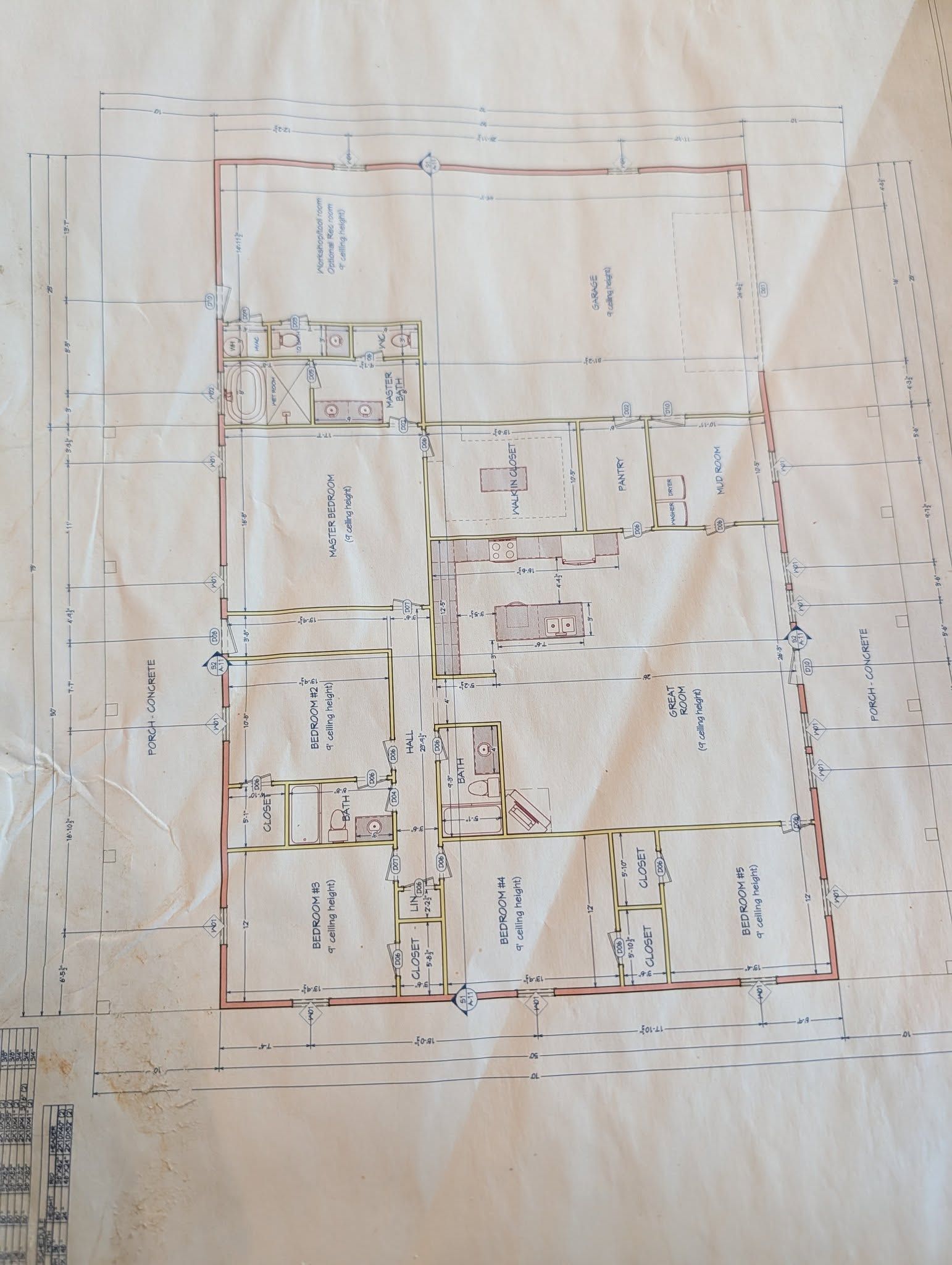 Architectural floor plan of a building, drawn on aged paper; shows several rooms and hallways. Red and black lines.