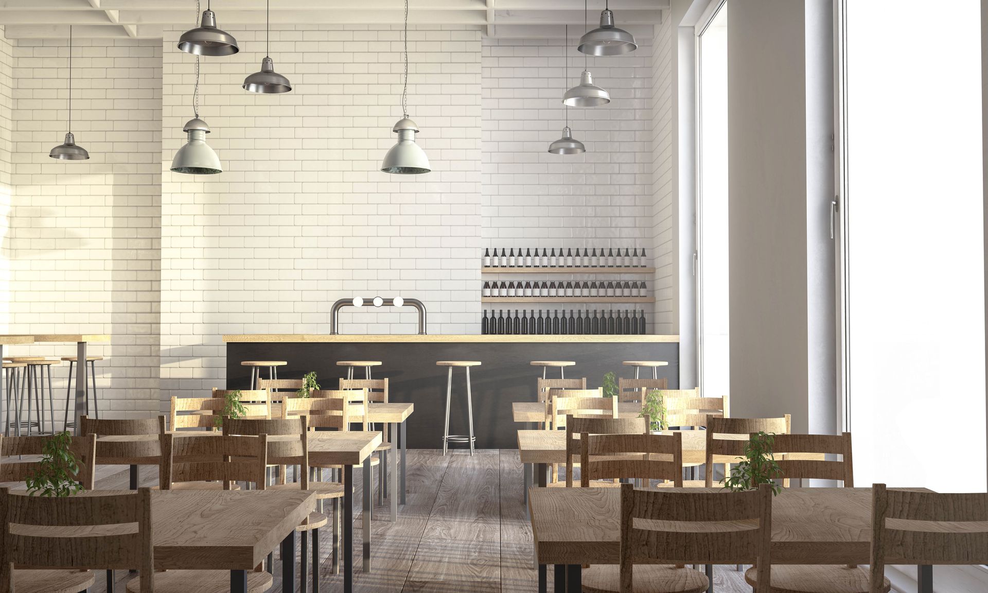 Restaurant interior with tables, chairs, bar, and hanging lights. White brick wall, wood floors. — Walnut Grove, MO — Big Rock Construction Restaurant interior with tables, chairs, bar, and hanging lights. White brick wall, wood floors.