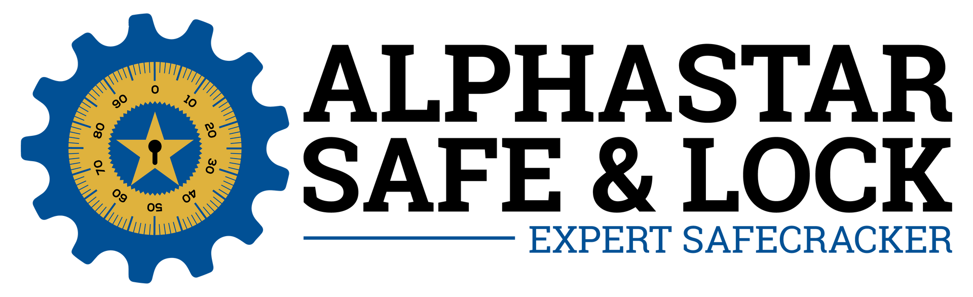 Logo for AlphaStar Safe & Lock, featuring a gear icon and text "EXPERT SAFECRACKER."
