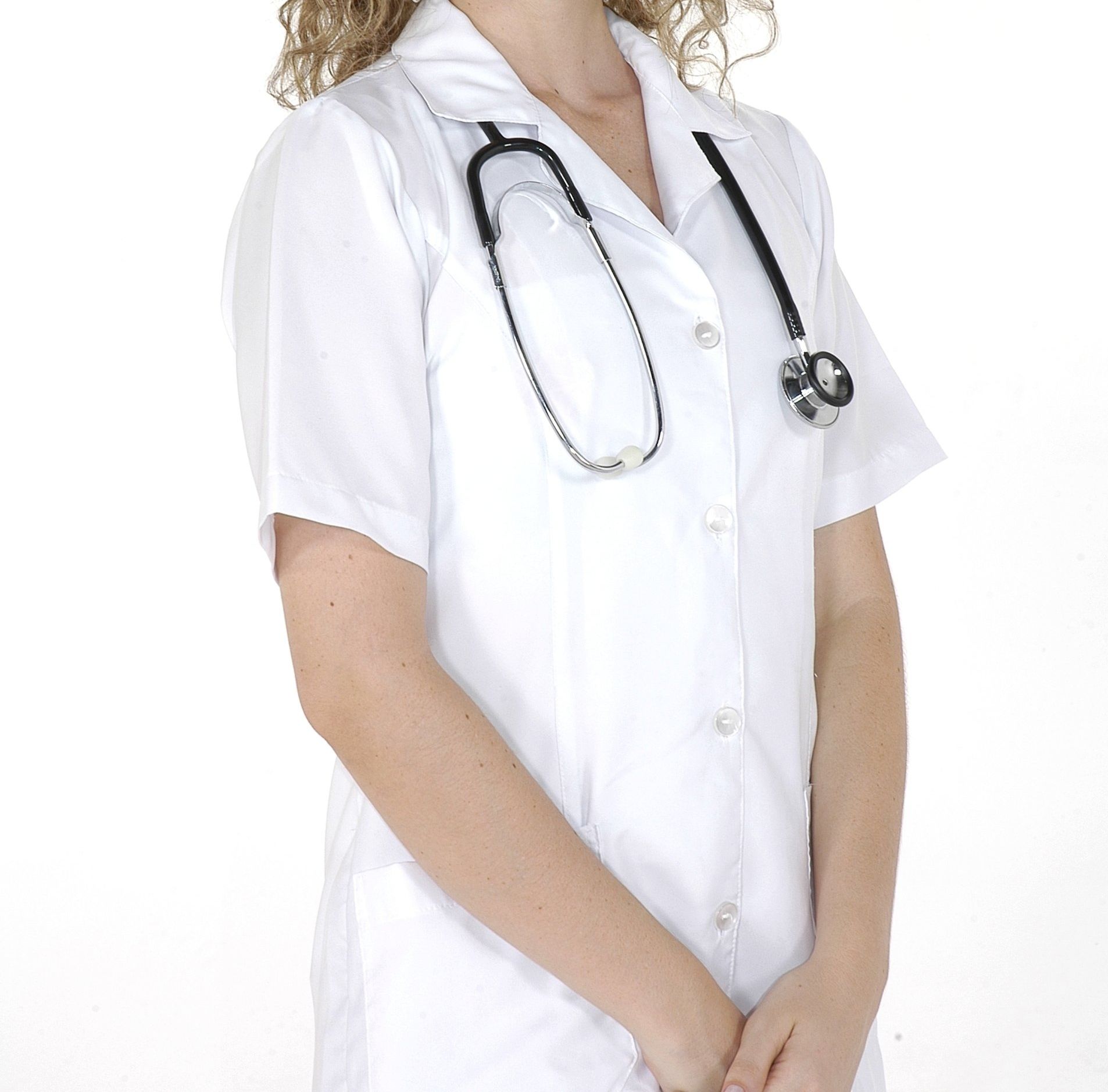 A woman in a white lab coat with a stethoscope around her neck