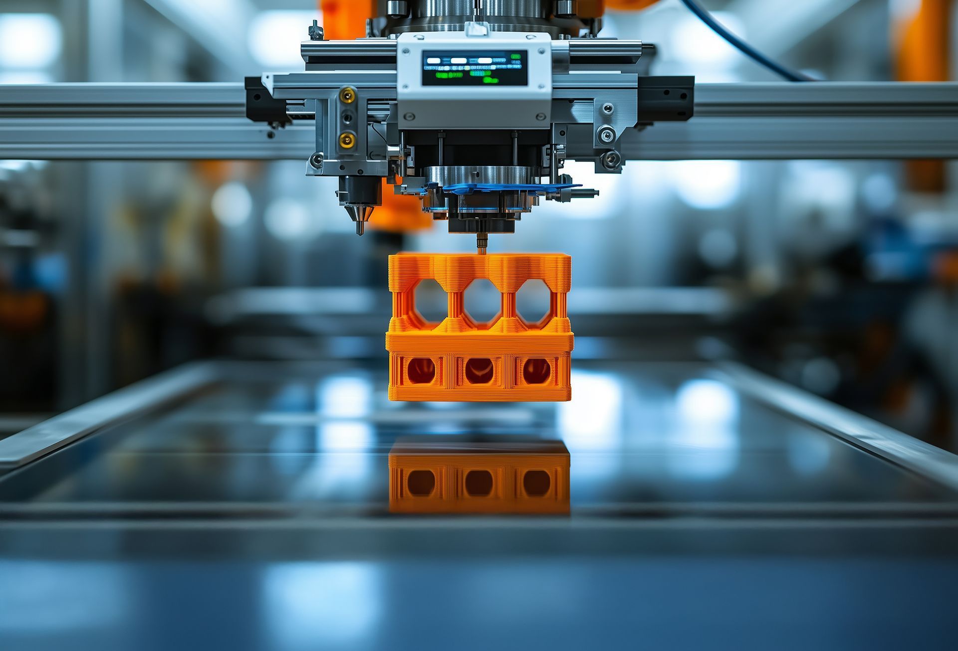 A 3d printer is printing an orange object in a factory.
