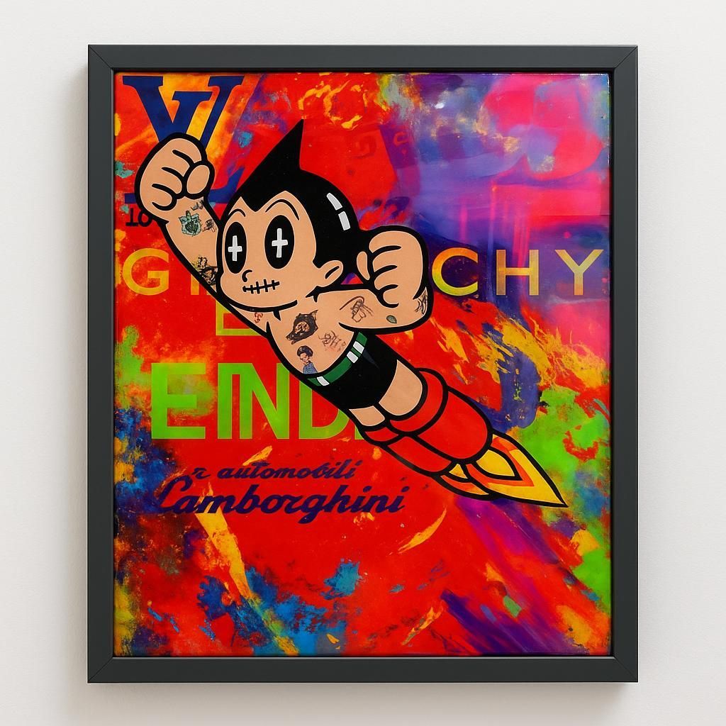 Pop-artillustratie van Astro Boy met tatoeages die vliegen tegen een kleurrijke graffiti-achtergrond met logo's.