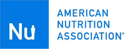 The logo for the american nutrition association is blue and white.