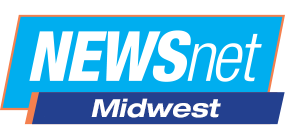 A blue and white logo for newsnet midwest
