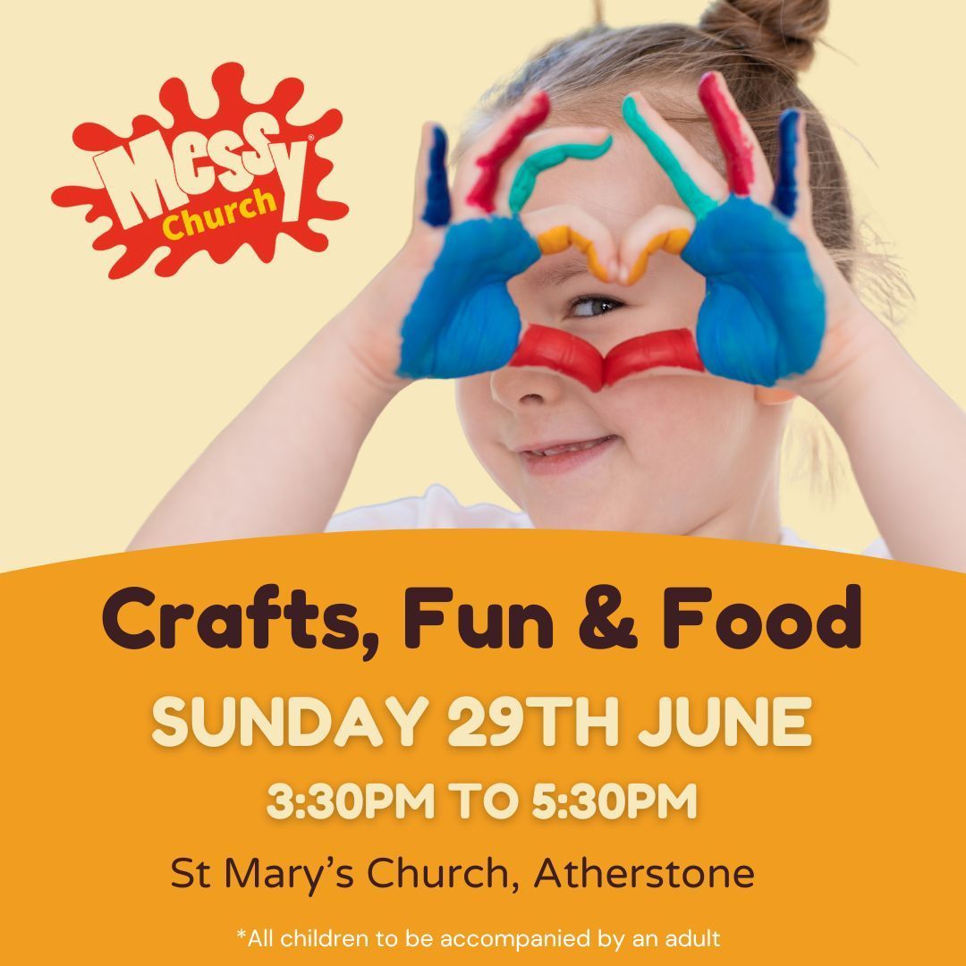 An advertisement for messy church crafts fun and food on september 29th