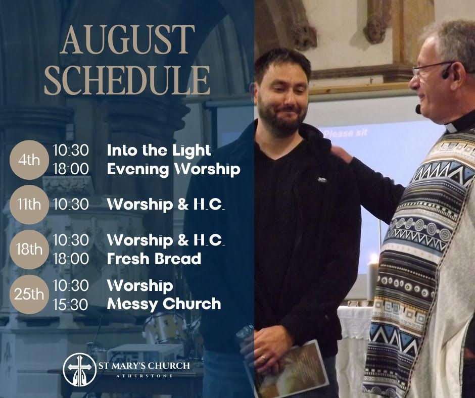 Two men are standing next to each other in front of a sign that says august schedule