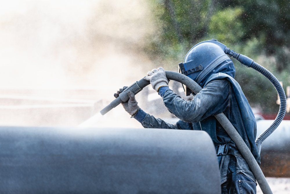 A Man Wearing a Helmet and Gloves Is Sandblasting a Pipe — Mayric Engineering in Wingham, NSW