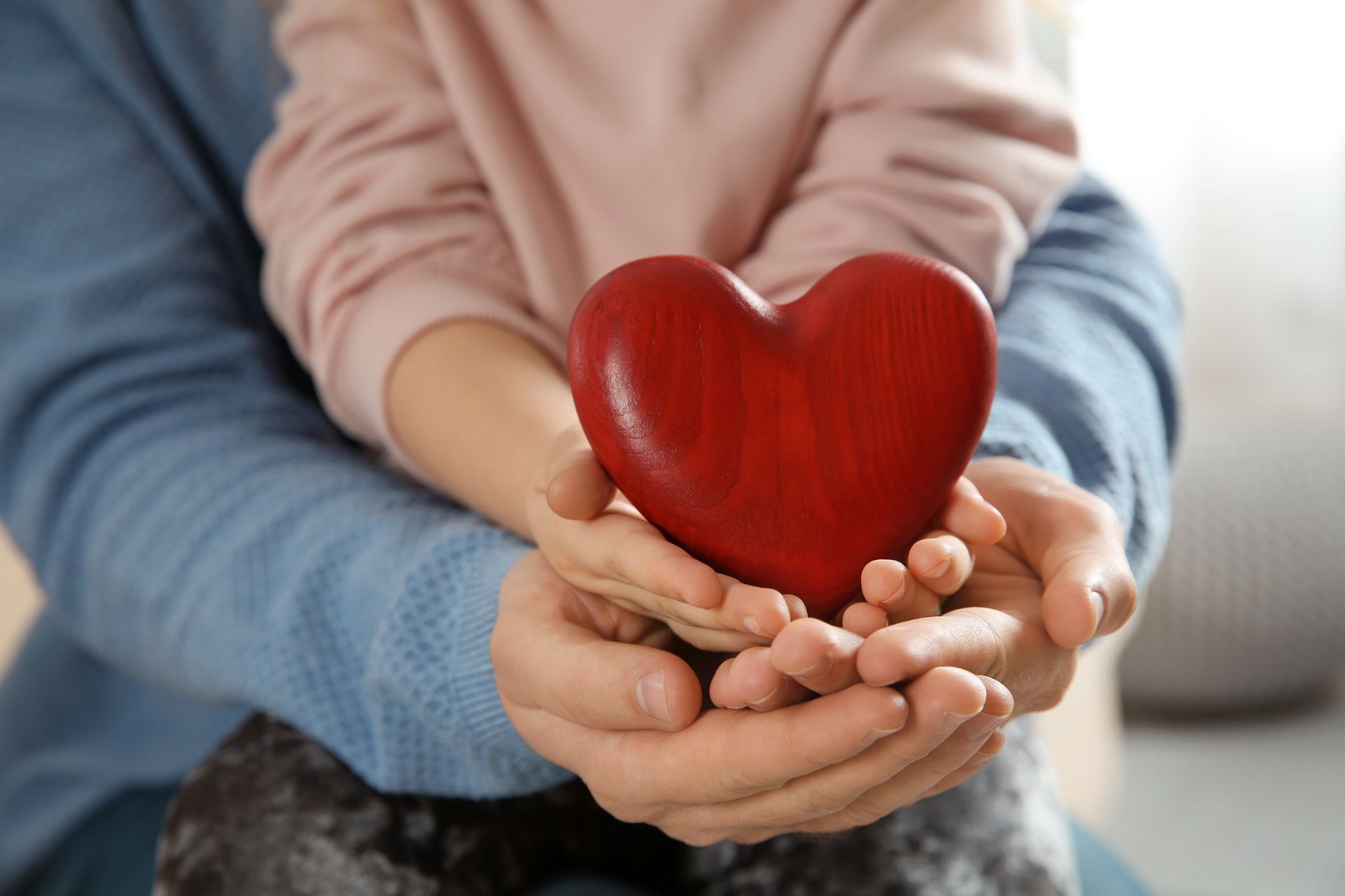 A man and a child are holding a red heart in their hands.