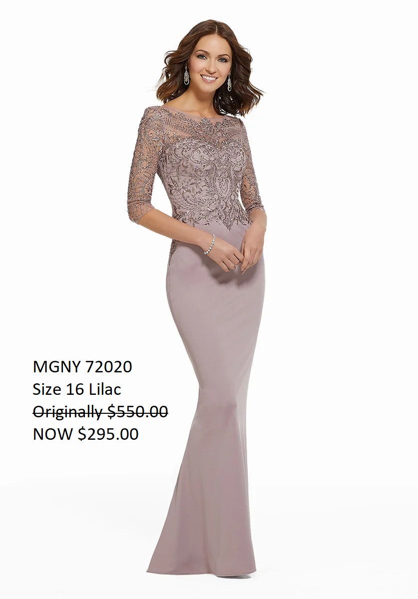 A woman is wearing a purple mother of the bride dress.