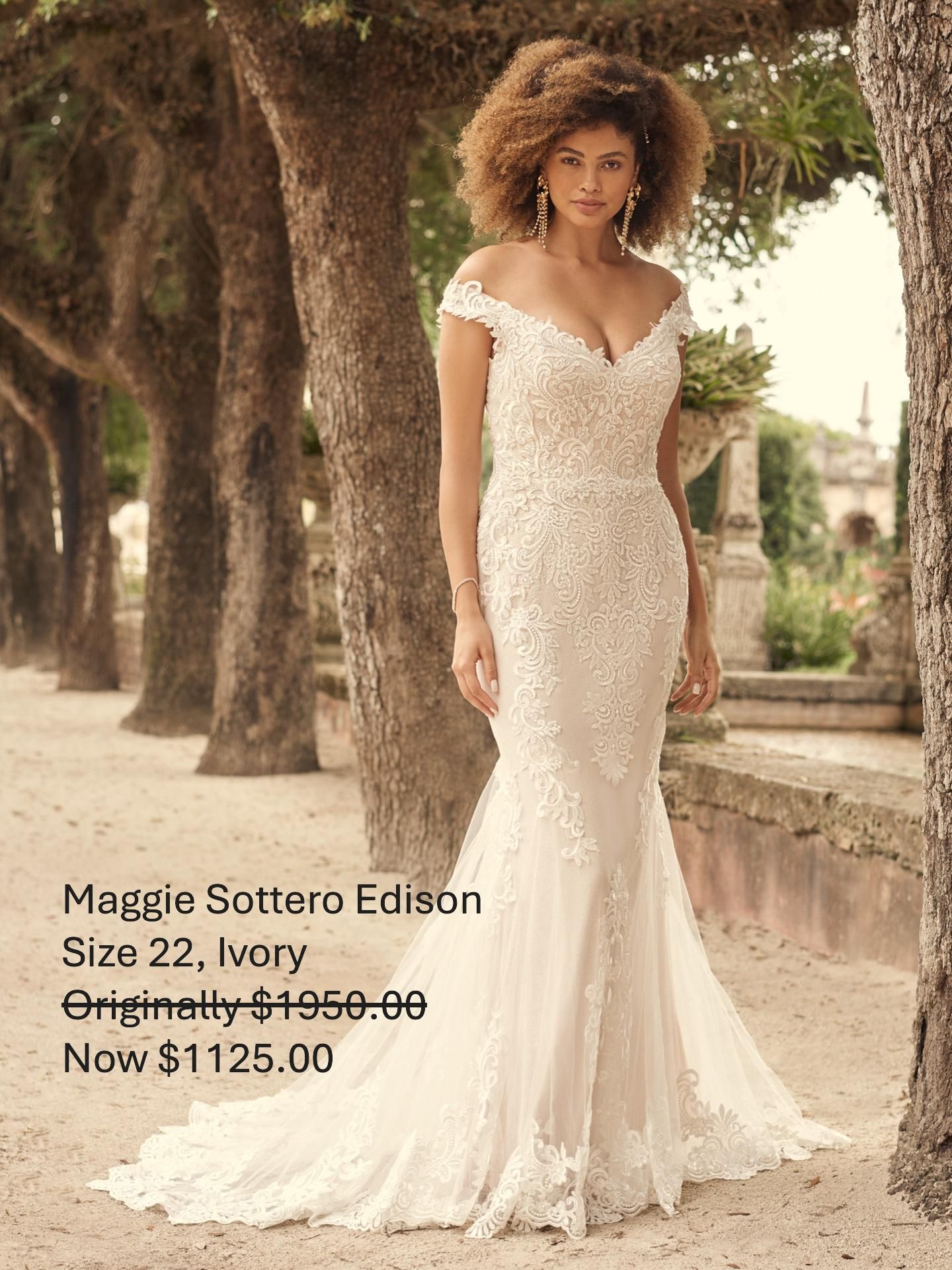 A woman in a wedding dress is standing next to a tree. Maggie Sottero Edison