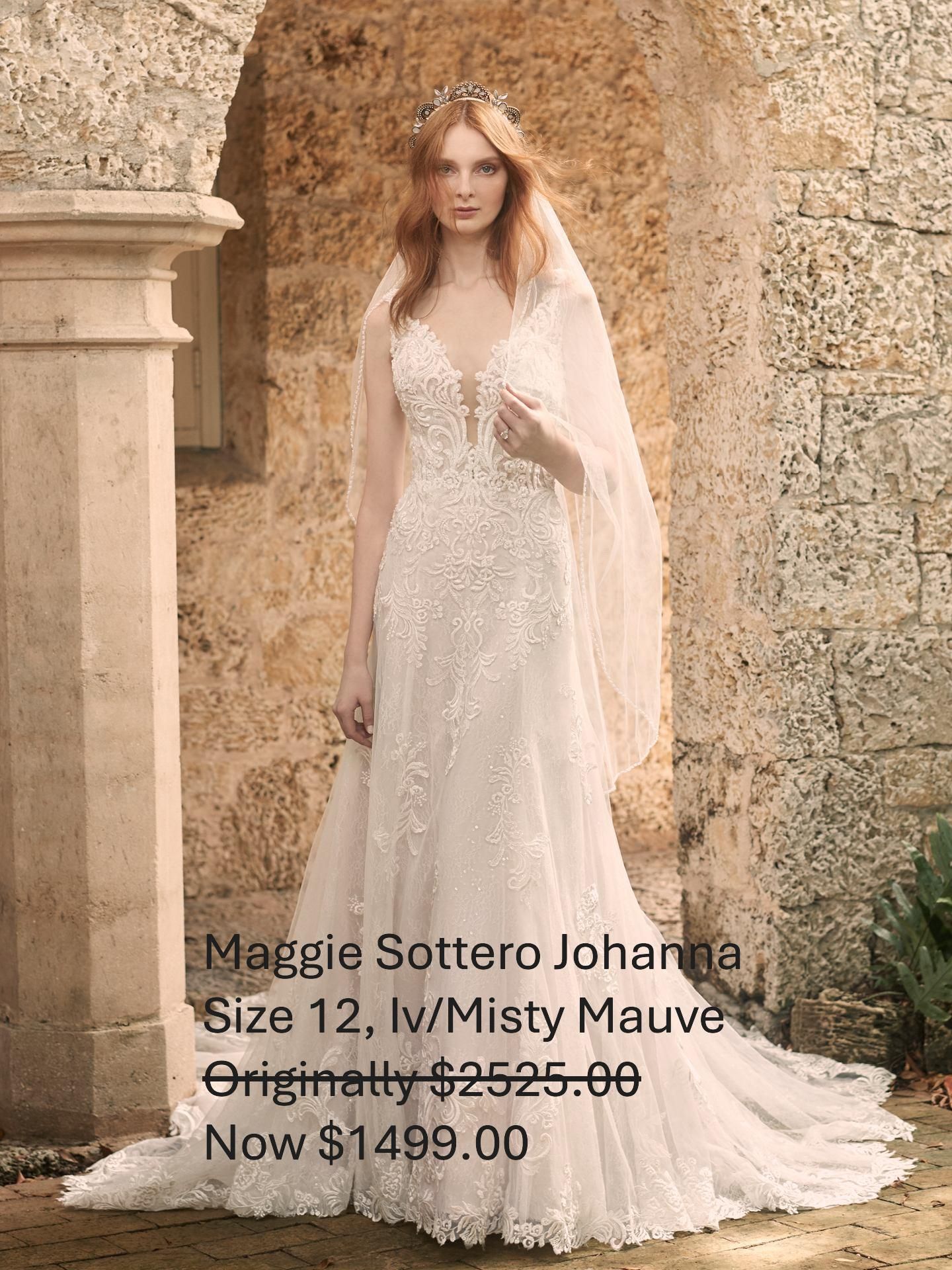 A woman in a wedding dress and veil is standing in front of a stone wall. Maggie Sottero Johanna