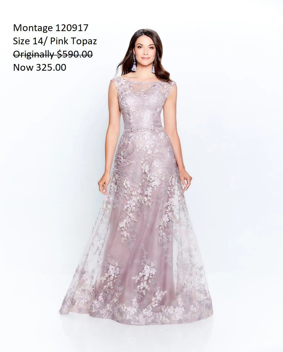 A woman is wearing a long purple lace dress.