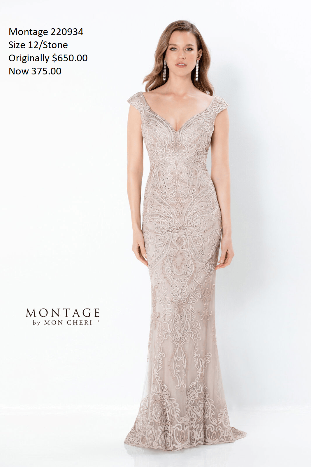 A woman is wearing a long lace dress with a v-neck.