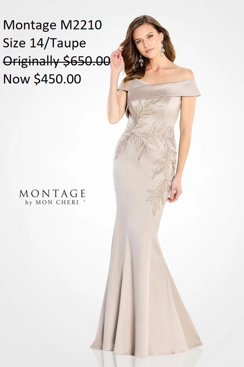 A woman is wearing a beige off the shoulder dress.