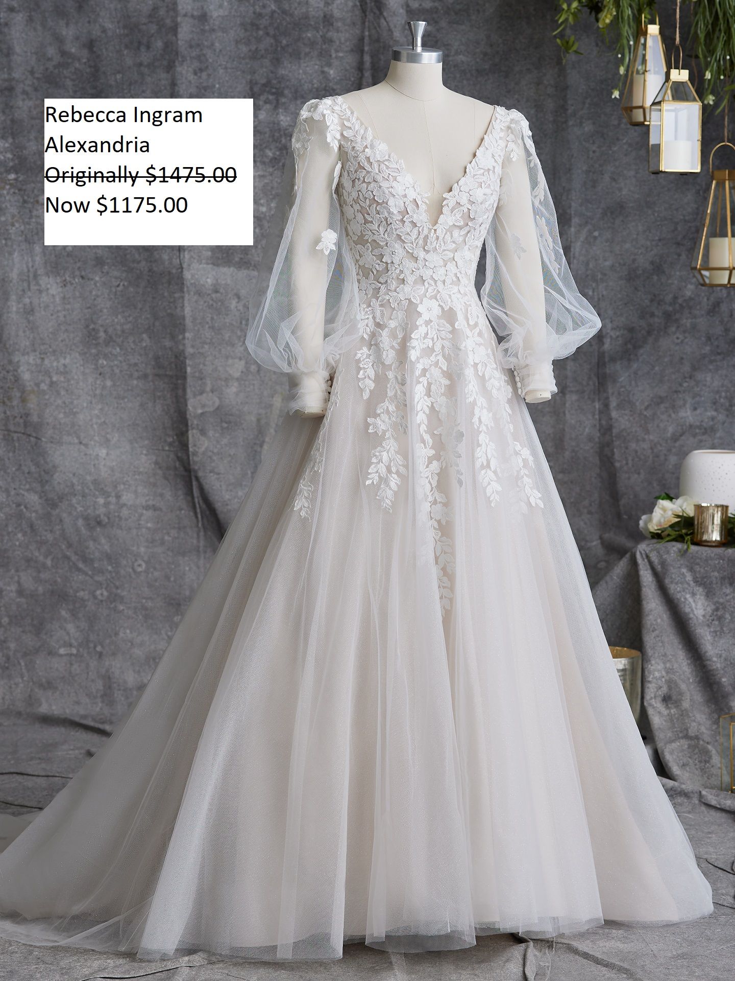 Wedding dress on a mannequin; white gown with long sleeves and detailed bodice. Rebecca Ingram Alexandria