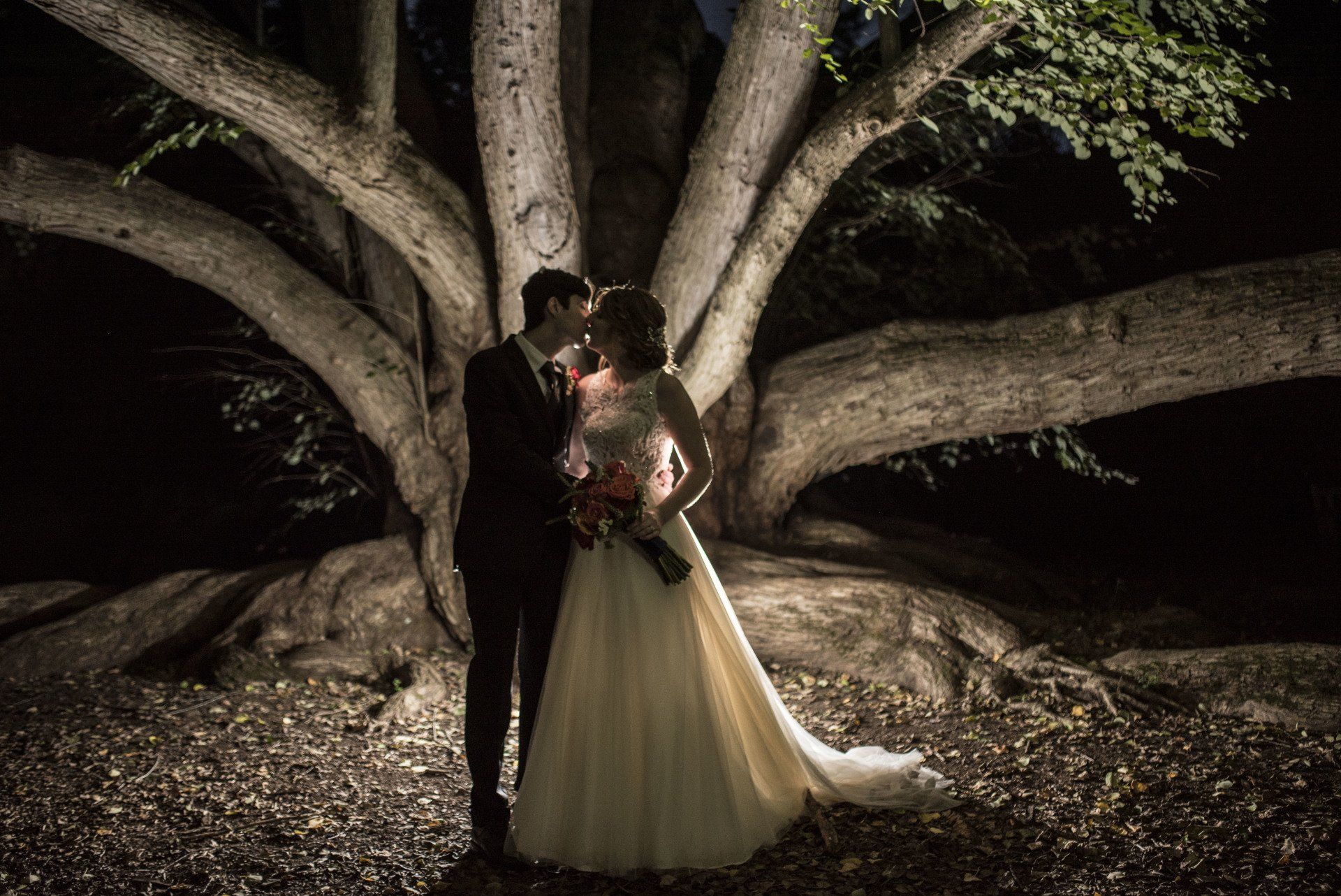 A bride and groom are kissing under a tree at night.