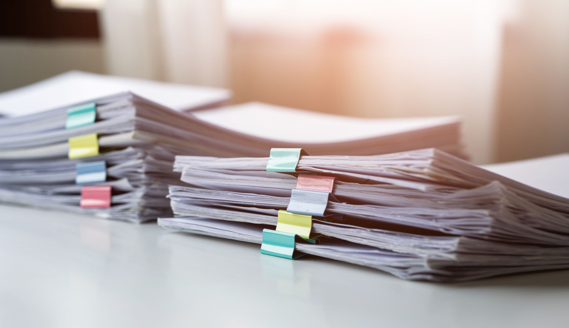 A stack of papers with sticky notes attached to them on a table.