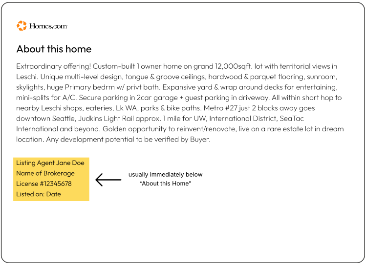 Real estate listing details with a highlighted section showing the listing agent's information.