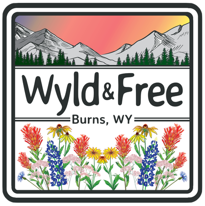 Square logo: Mountains, sunset, wildflowers, text "Wyld & Free" and "Burns, WY".