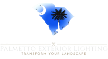South Carolina state outline with crescent moon and palmetto tree, logo for Palmetto Exterior Lighting.