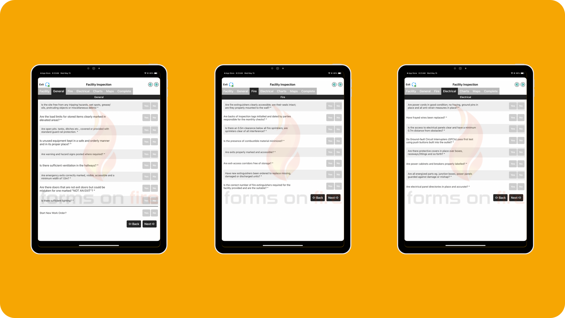 Screenshot examples of a facility inspection checklist template preloaded to the Forms on Fire app