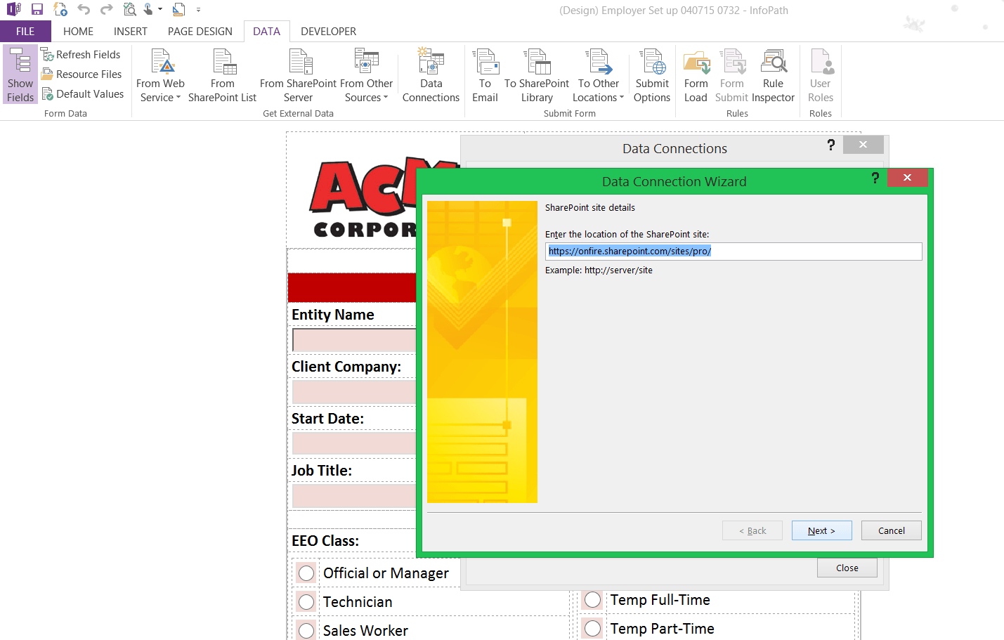 data connection wizard