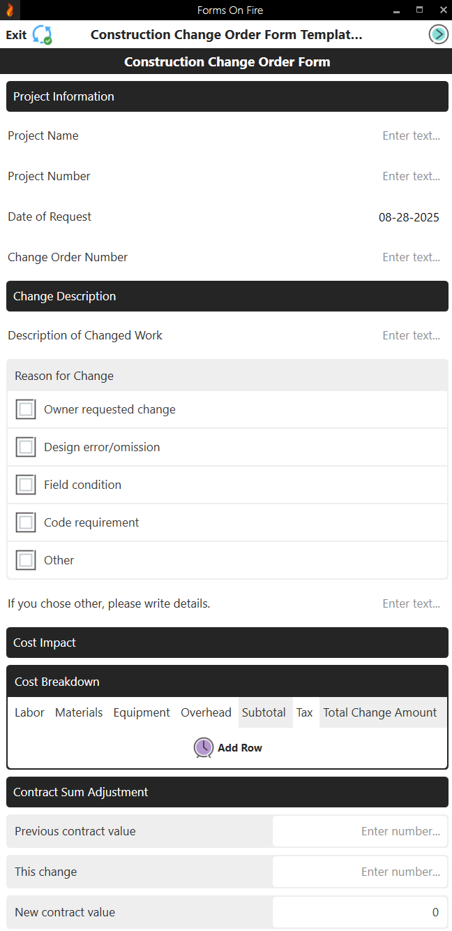 Construction change order form screen 1.