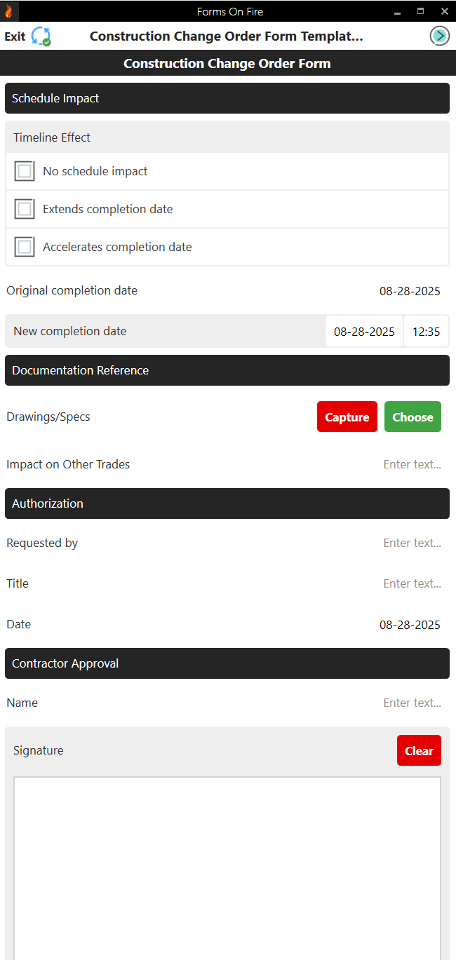 Construction change order form screen 2.